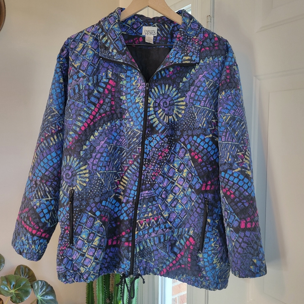 Vintage Chicos 100% Silk Quilted Aztec Windbreaker Jacket, Size L‎